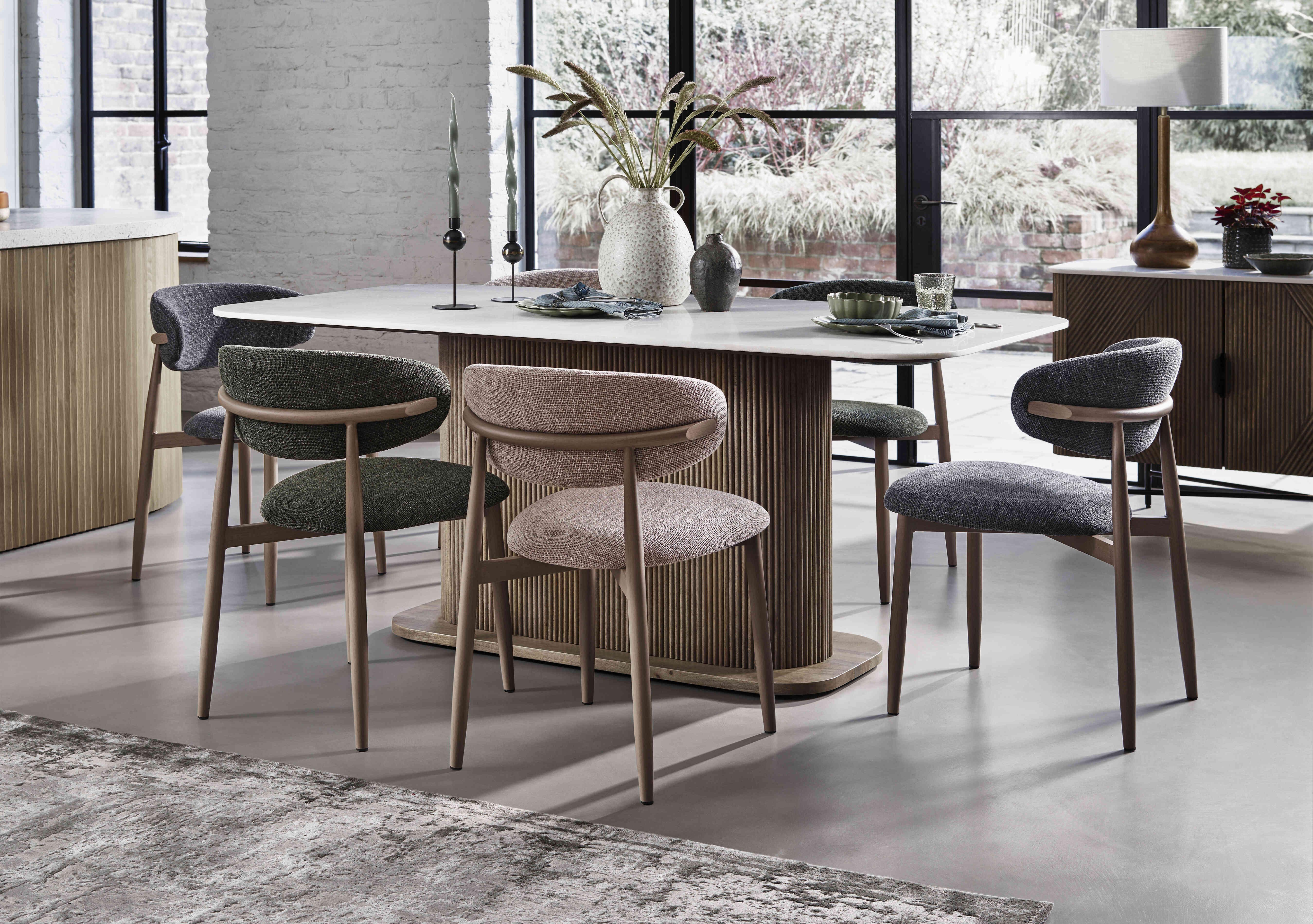 Aimar Rectangular Dining Table with 2 Oat, 2 Green and 2 Dark Grey Open Back Dining Chairs in  on Furniture Village